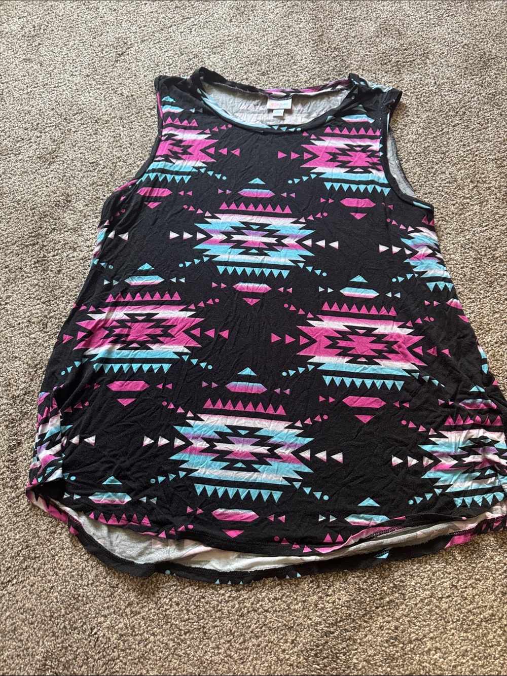 LuLaRoe Black Tank Top with Pink & Teal Geometric Print